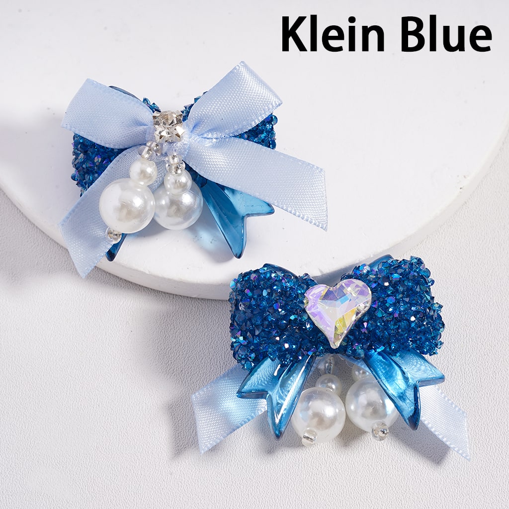 Sugar Acrylic Beads Bowtie with Shiny Cone & Heart Shape Rhinestones Fabric Bowtie White Pearls Accessories, Random Mix