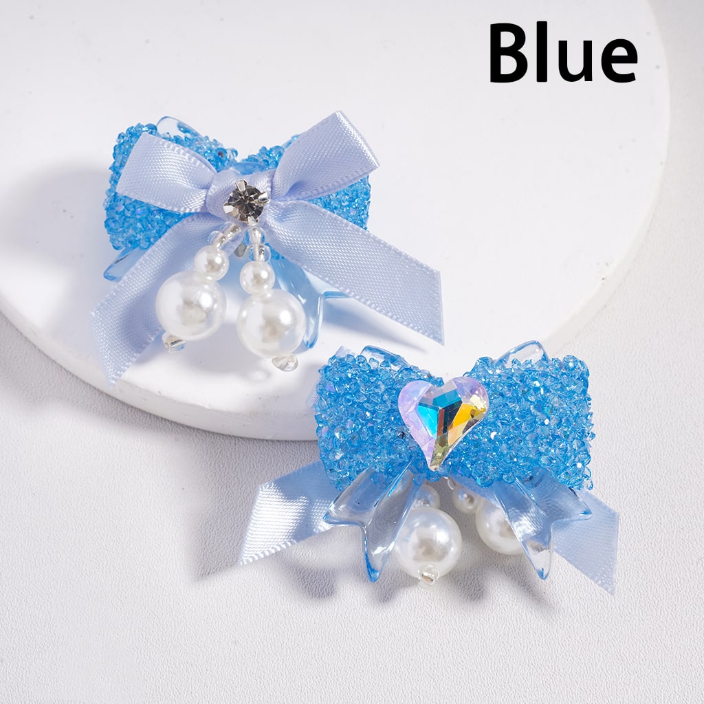 Sugar Acrylic Beads Bowtie with Shiny Cone & Heart Shape Rhinestones Fabric Bowtie White Pearls Accessories, Random Mix