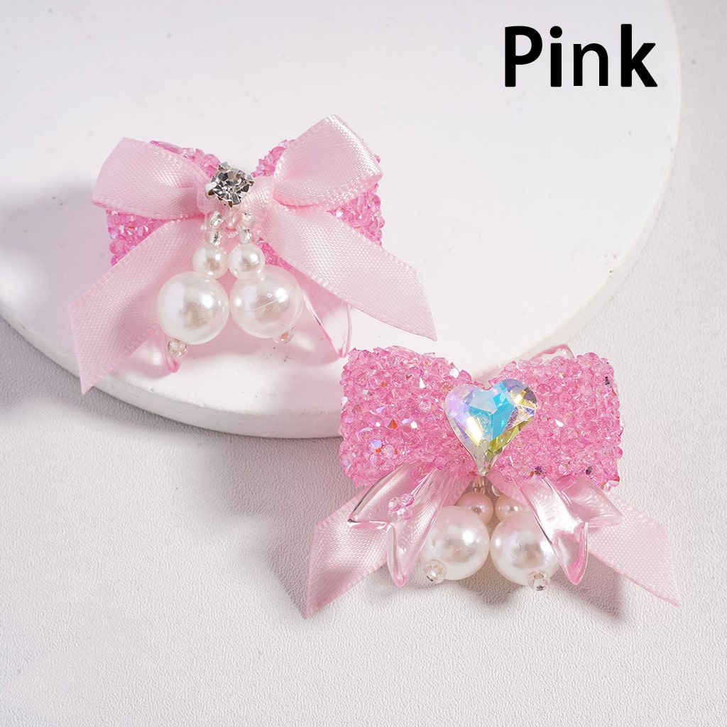 Sugar Acrylic Beads Bowtie with Shiny Cone & Heart Shape Rhinestones Fabric Bowtie White Pearls Accessories, Random Mix