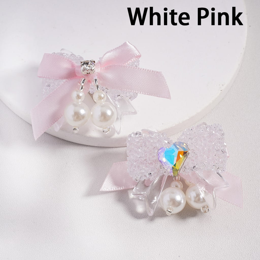 Sugar Acrylic Beads Bowtie with Shiny Cone & Heart Shape Rhinestones Fabric Bowtie White Pearls Accessories, Random Mix
