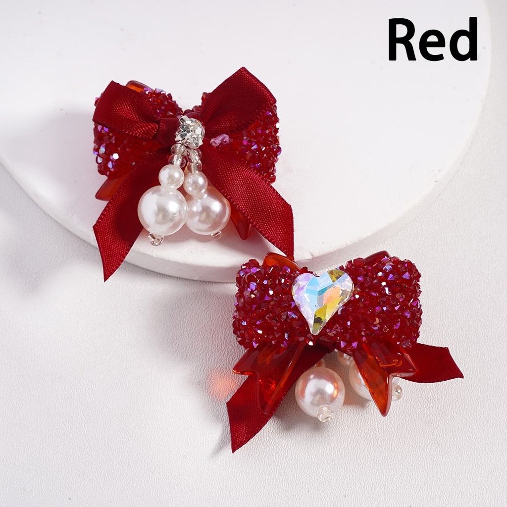 Sugar Acrylic Beads Bowtie with Shiny Cone & Heart Shape Rhinestones Fabric Bowtie White Pearls Accessories, Random Mix