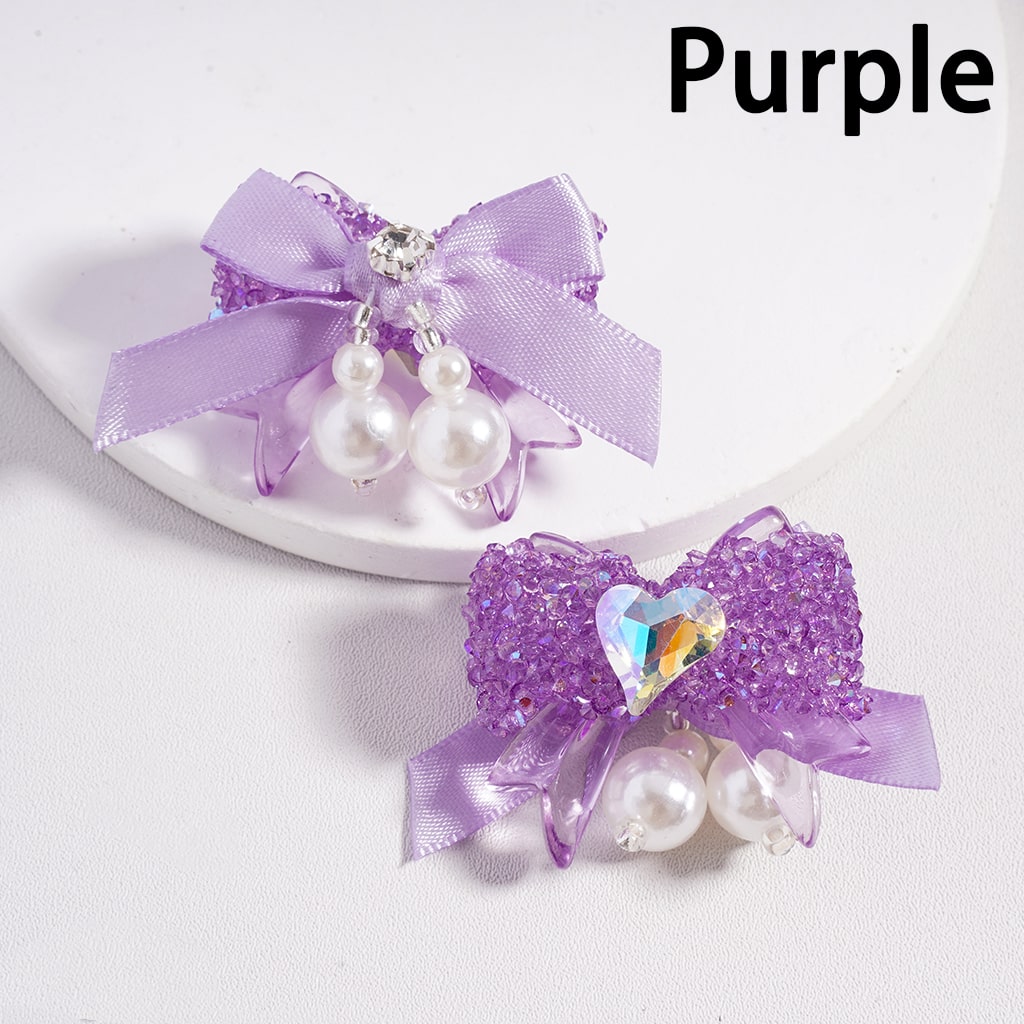Sugar Acrylic Beads Bowtie with Shiny Cone & Heart Shape Rhinestones Fabric Bowtie White Pearls Accessories, Random Mix