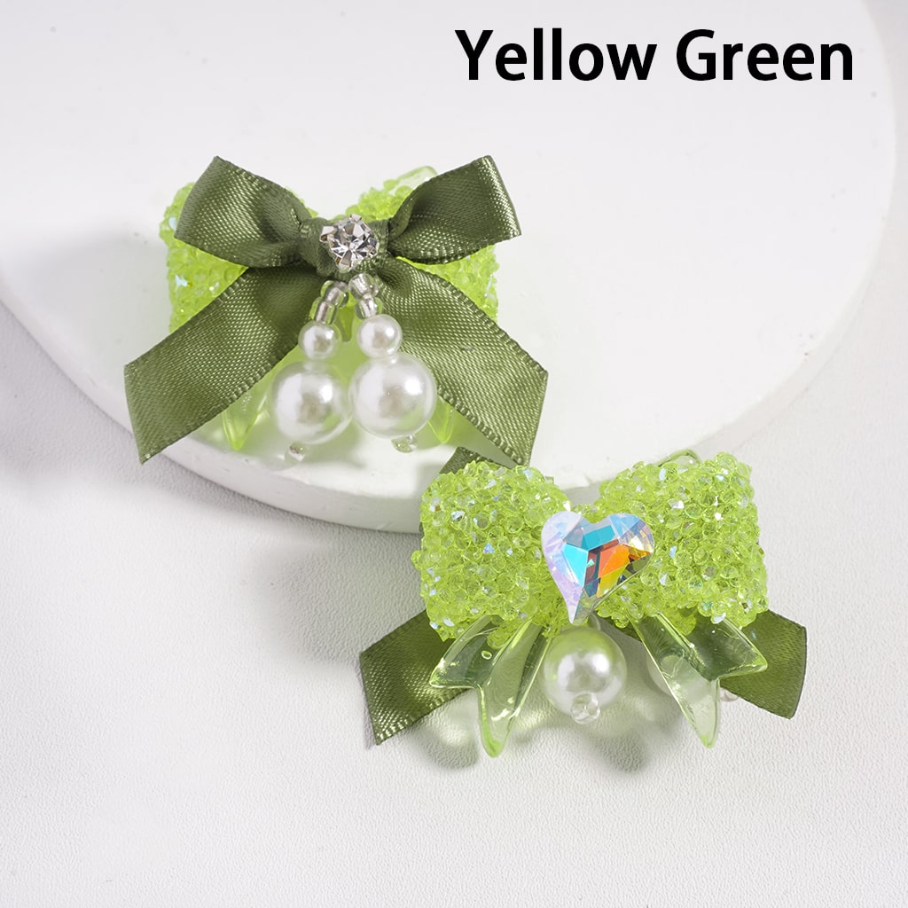 Sugar Acrylic Beads Bowtie with Shiny Cone & Heart Shape Rhinestones Fabric Bowtie White Pearls Accessories, Random Mix