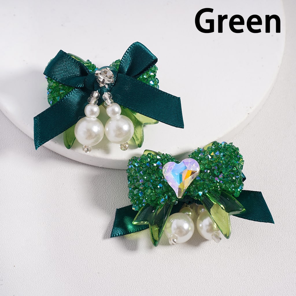 Sugar Acrylic Beads Bowtie with Shiny Cone & Heart Shape Rhinestones Fabric Bowtie White Pearls Accessories, Random Mix