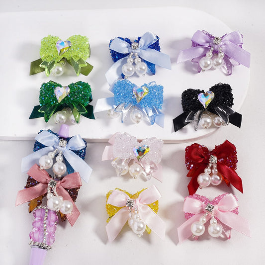 Sugar Acrylic Beads Bowtie with Shiny Cone & Heart Shape Rhinestones Fabric Bowtie White Pearls Accessories, Random Mix