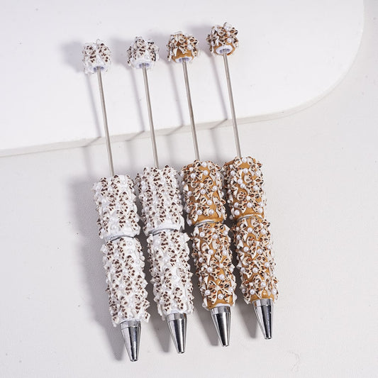Beadable Clay Pen with Leopard Print Bowtie White Pearls, Random Mix