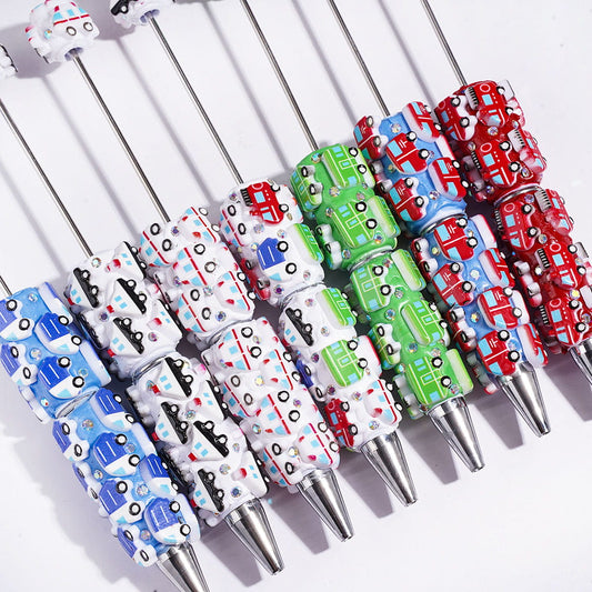Beadable Clay Pens with Various Types Car Vehicle in Cartoon Style and AB Rhinestones, Multi-Color