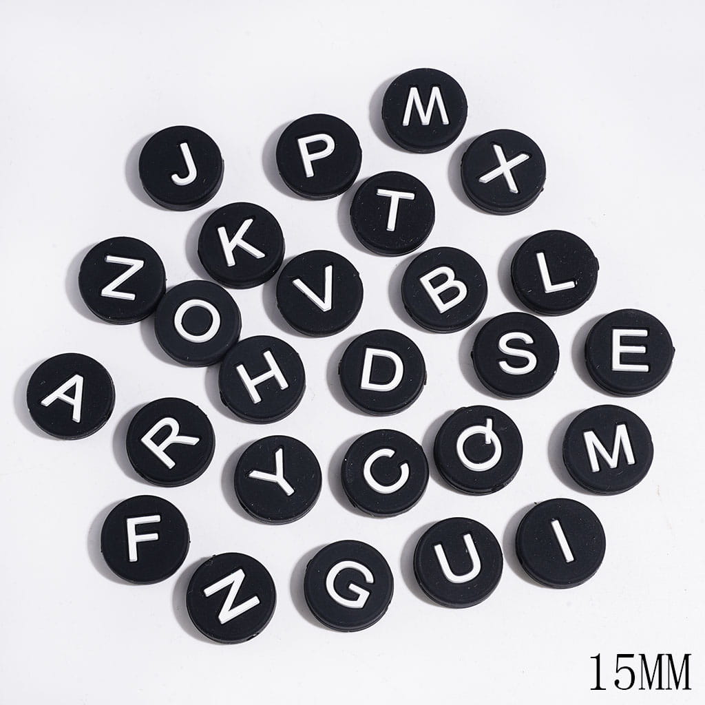 Silicone Letter Beads, 15MM, Black Flat Round Shape, Random Mix (The Hole is Horizontal, Not Vertical)
