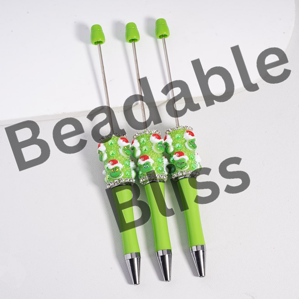Beadable Pens, Green Character w Christmas Hat, Clear Rhinestones Chains