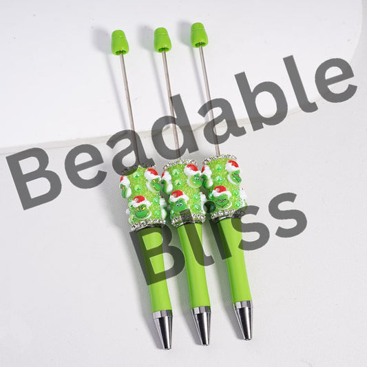Beadable Pens, Green Character w Christmas Hat, Clear Rhinestones Chains
