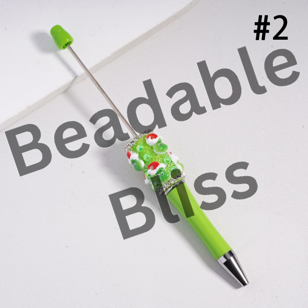 Beadable Pens, Green Character w Christmas Hat, Clear Rhinestones Chains