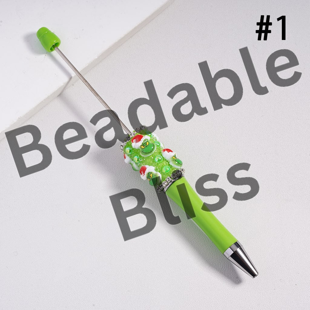 Beadable Pens, Green Character w Christmas Hat, Clear Rhinestones Chains