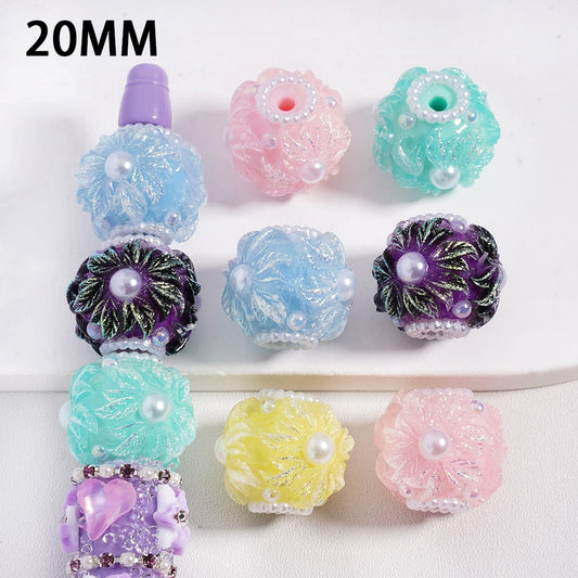Acrylic Beads Macaron Color Flowers with White Pearls & Gold Glitter, Random Mix, 20MM