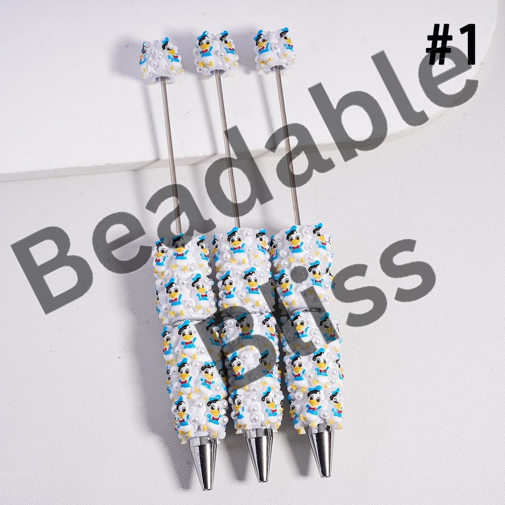 Beadable Clay Pen with Girl Boy Mouse & Duck Series White Pearls, Random Mix