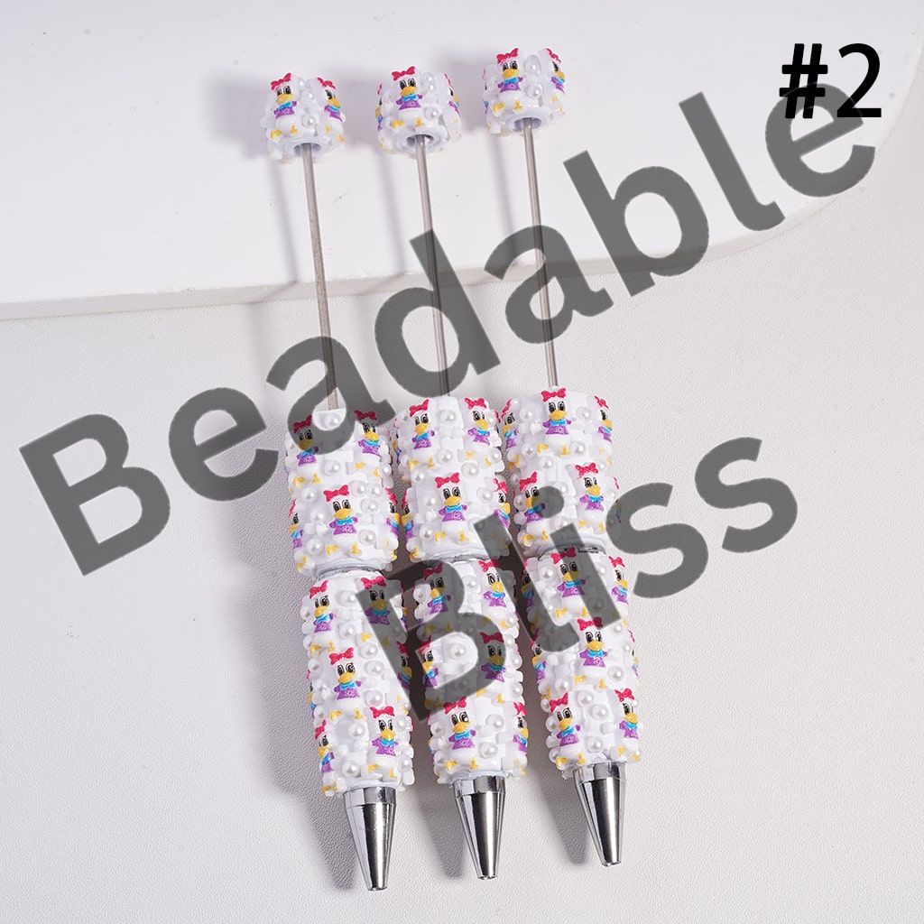 Beadable Clay Pen with Girl Boy Mouse & Duck Series White Pearls, Random Mix