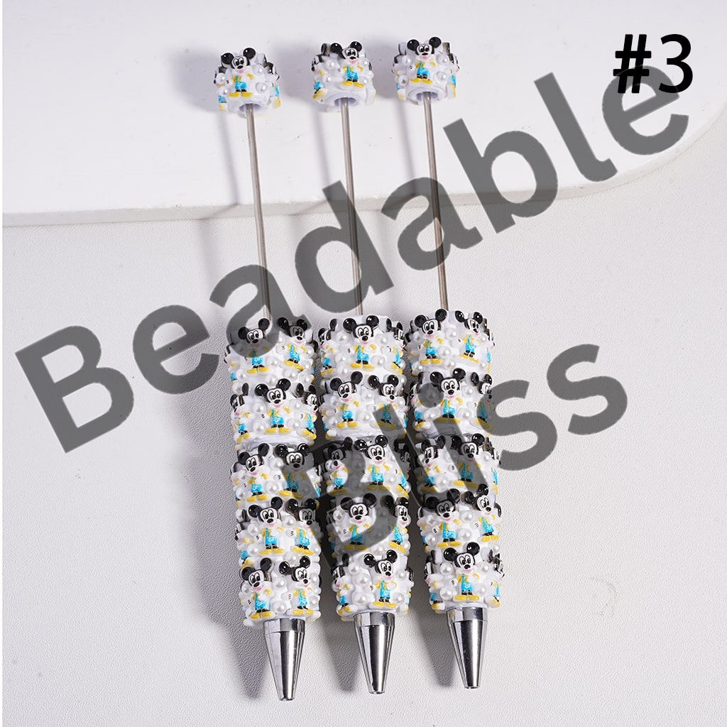 Beadable Clay Pen with Girl Boy Mouse & Duck Series White Pearls, Random Mix