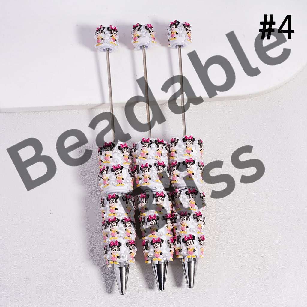 Beadable Clay Pen with Girl Boy Mouse & Duck Series White Pearls, Random Mix