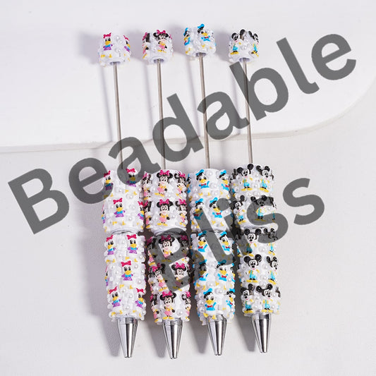 Beadable Clay Pen with Girl Boy Mouse & Duck Series White Pearls, Random Mix