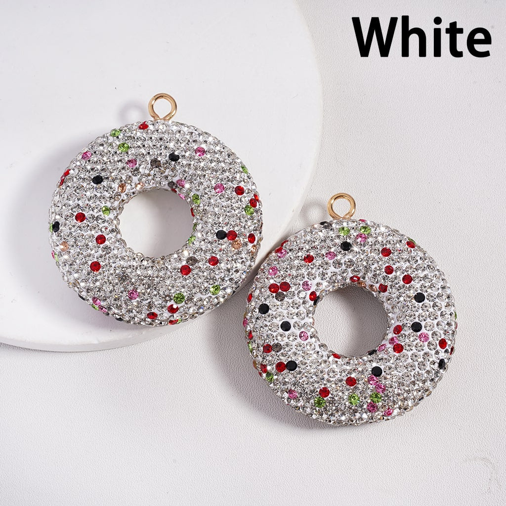 Clay Doughnut Keychain Pendant with Various Colors Rhinestones, Jewelry Accessories Random Mix, 46MM