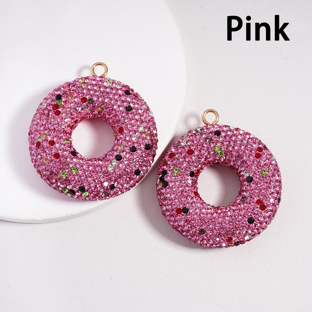 Clay Doughnut Keychain Pendant with Various Colors Rhinestones, Jewelry Accessories Random Mix, 46MM