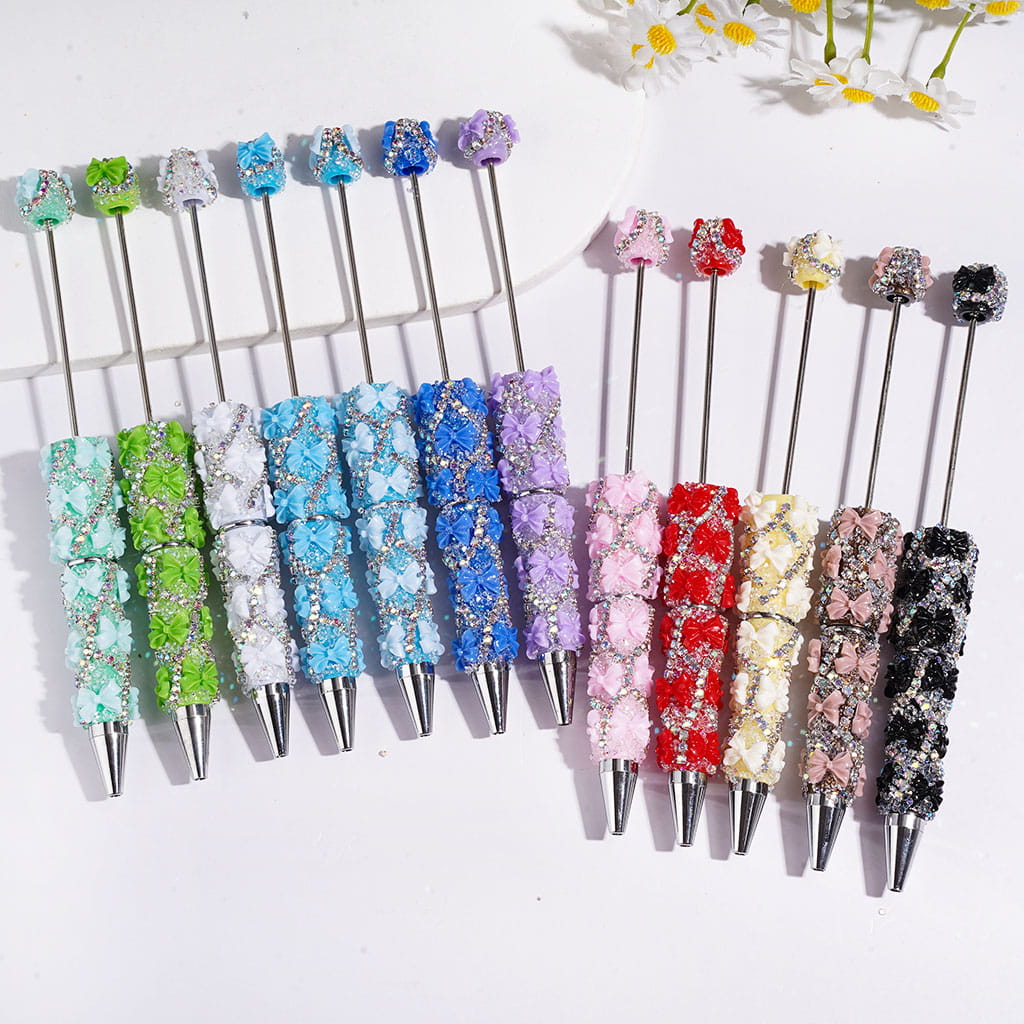 Handmade Sugar Beadable Pens with Bowtie & Cone Shaped Clear Rhinestones Covering the Entire Pen, "X" Shaped AB Rhinestone Chains, Multi-Color
