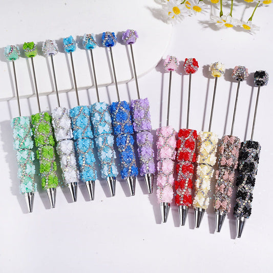 Handmade Sugar Beadable Pens with Bowtie & Cone Shaped Clear Rhinestones Covering the Entire Pen, "X" Shaped AB Rhinestone Chains, Multi-Color
