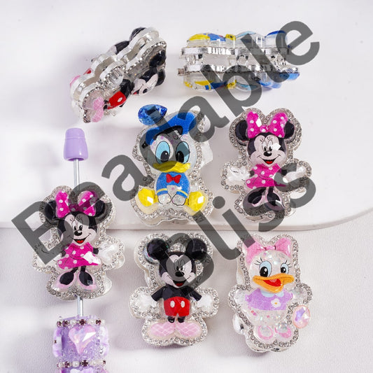 Silver Color Metal Beads with Glittery Girl Boy Mouse & Duck Series Clear Rhinestones