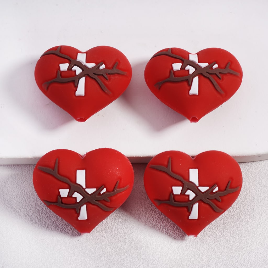Silicone Focal Beads 3D Red Heart-Shaped with White Cross & Brown Thorns Religious