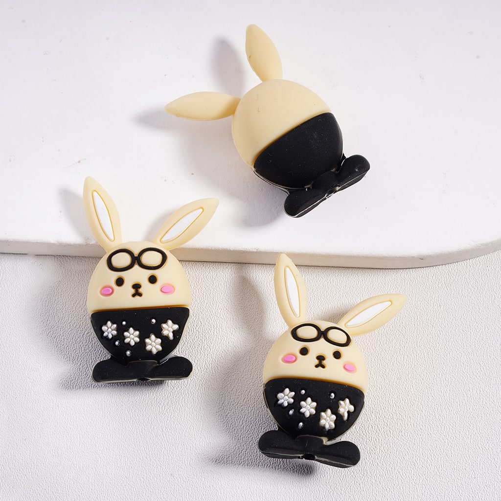 Silicone Focal Beads 3D Easter Egg-Shaped Rabbit with Glasses & Clothes White Snowflakes