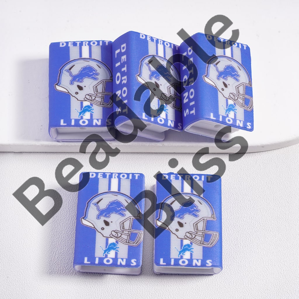 Silicone Focal Beads 3D Detroit Mini Book Gray & White Vertical Stripes Football Helmet