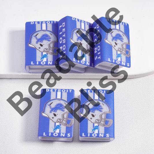 Silicone Focal Beads 3D Detroit Mini Book Gray & White Vertical Stripes Football Helmet