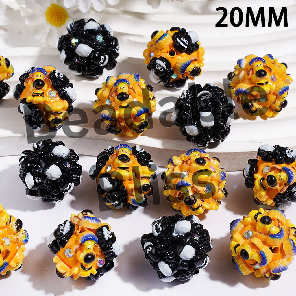 20MM - Clay Beads with Mountain Goat and Sheepdog Characters, AB Rhinestones, Random Mix