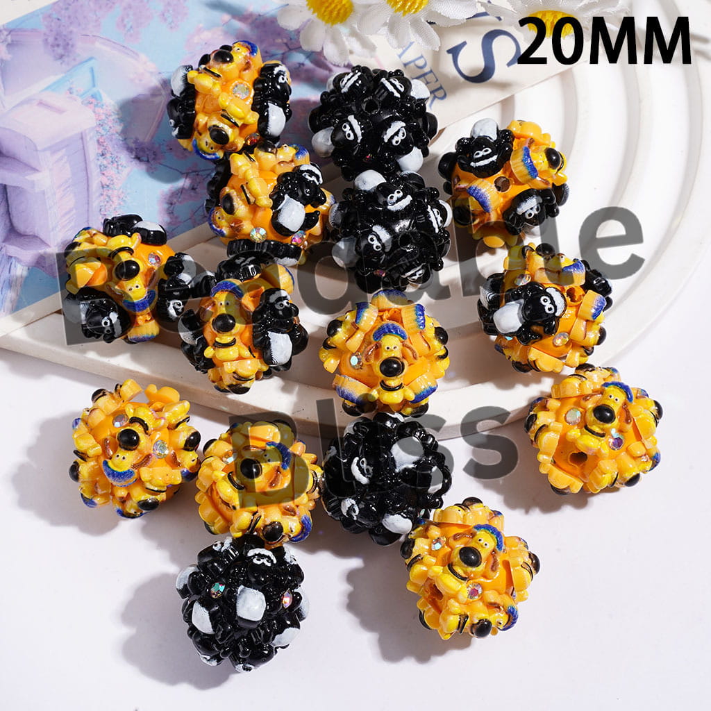 20MM - Clay Beads with Mountain Goat and Sheepdog Characters, AB Rhinestones, Random Mix