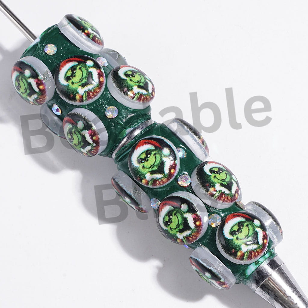 Christmas Green Character and AB Rhinestones Beadable Clay Pens
