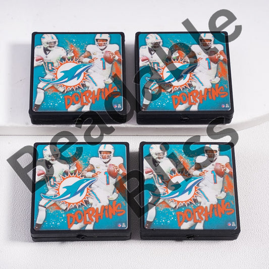 Silicone Focal Beads American Football Miami, Teal Flat Square Shape