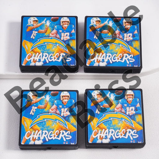 Silicone Focal Beads American Football Los Angeles, Blue Flat Square Shape