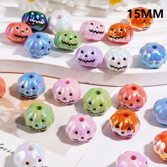 Acrylic Beads UV Coating Cute Haunter Face Pumpkin Halloween, 15MM, Random Mix