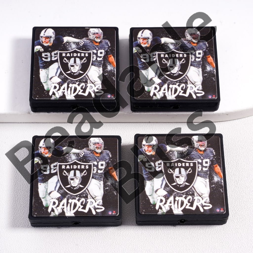Silicone Focal Beads American Football Las Vegas Black, Flat Square Shape