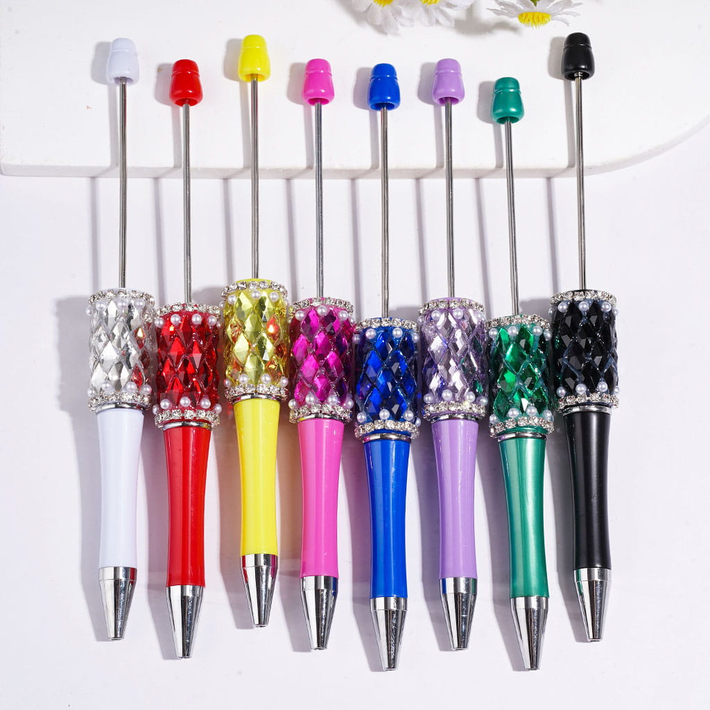 Handmade Beadable Pens with Diamond Shaped Rhinestones and White Pearls, Clear Rhinestone Chains, Multi-Color
