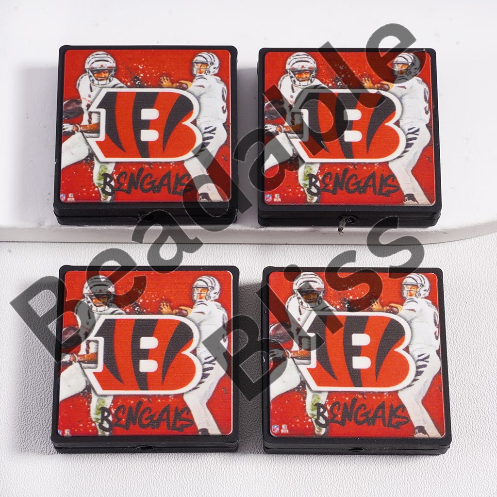 Silicone Focal Beads American Football Cincinnati, Flat Square Shape