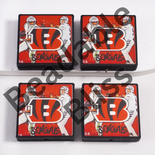 Silicone Focal Beads American Football Cincinnati, Flat Square Shape