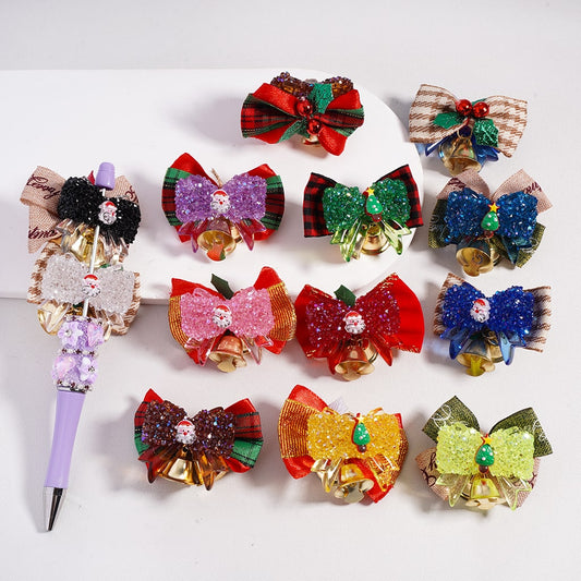 Sugar Acrylic Beads w Santa Claus & Christmas Tree Bowties Bells Shiny Cone Shape Rhinestones Fabric Bowtie, Multi-Color, Random Mix