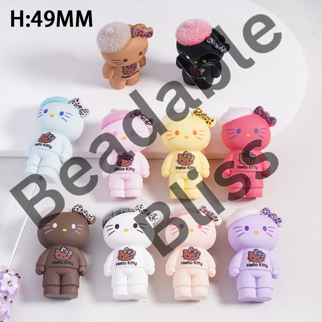 Cute Cat Figure, can be also used as Pen Topper, Size 49MM, Flocked Fluffy Hat & Leopard Printed Bowtie, Random Mix