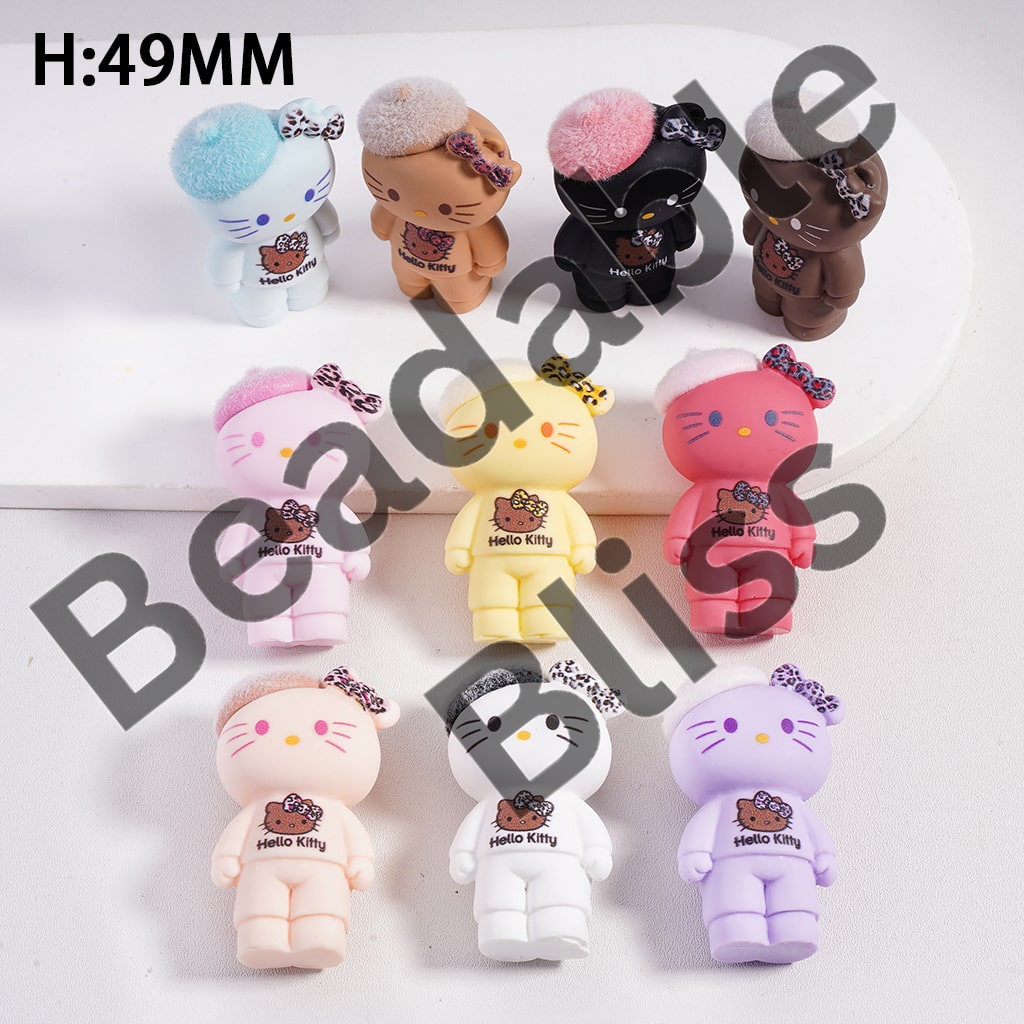 Cute Cat Figure, can be also used as Pen Topper, Size 49MM, Flocked Fluffy Hat & Leopard Printed Bowtie, Random Mix