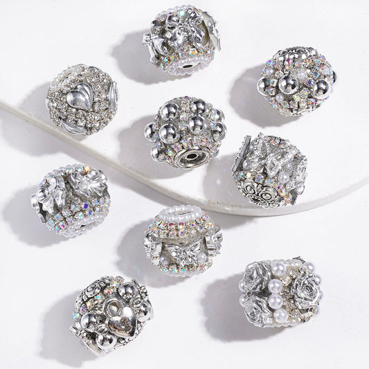 Silver Series Acrylic Beads | Silver Bowtie Butterfly Rose Peach Heart Half Balls Trim, Metal Heart Lock Flower Loop Base Setting & White Pearl Chains, Random Mix
