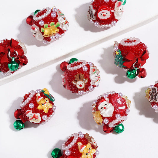 Acrylic Sugar Beads with Red Metal Bowtie & Red Green Small Bells, Red Cone Shaped Rhinestones & White Pearls & Christmas Ornaments