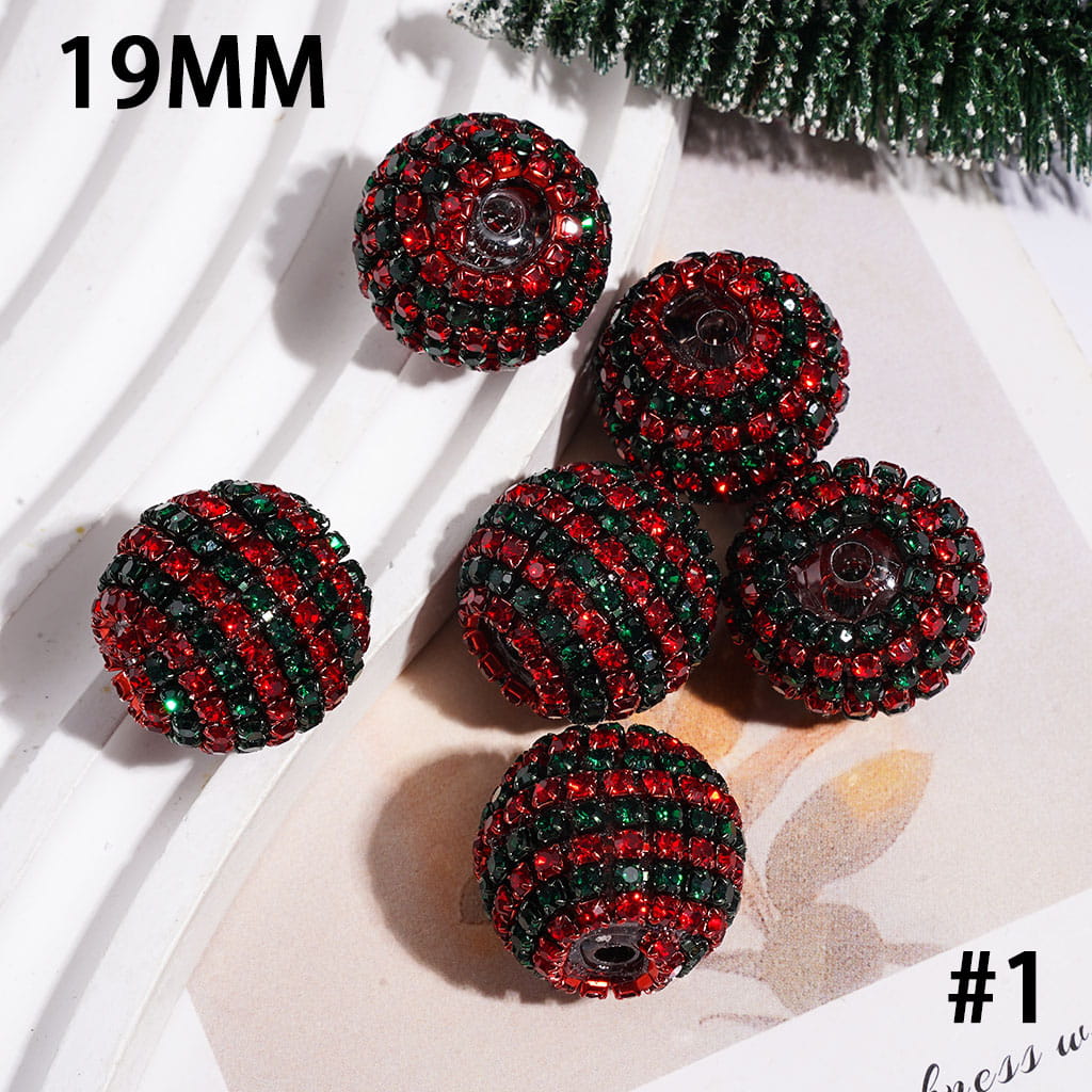 Red Green Silver Spiral Striped Metal Chains with Christmas Style Rhinestones Hand-Made Acrylic Beads, 19MM