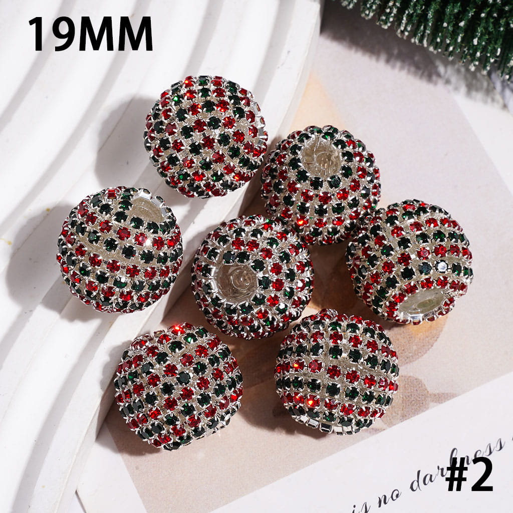 Red Green Silver Spiral Striped Metal Chains with Christmas Style Rhinestones Hand-Made Acrylic Beads, 19MM