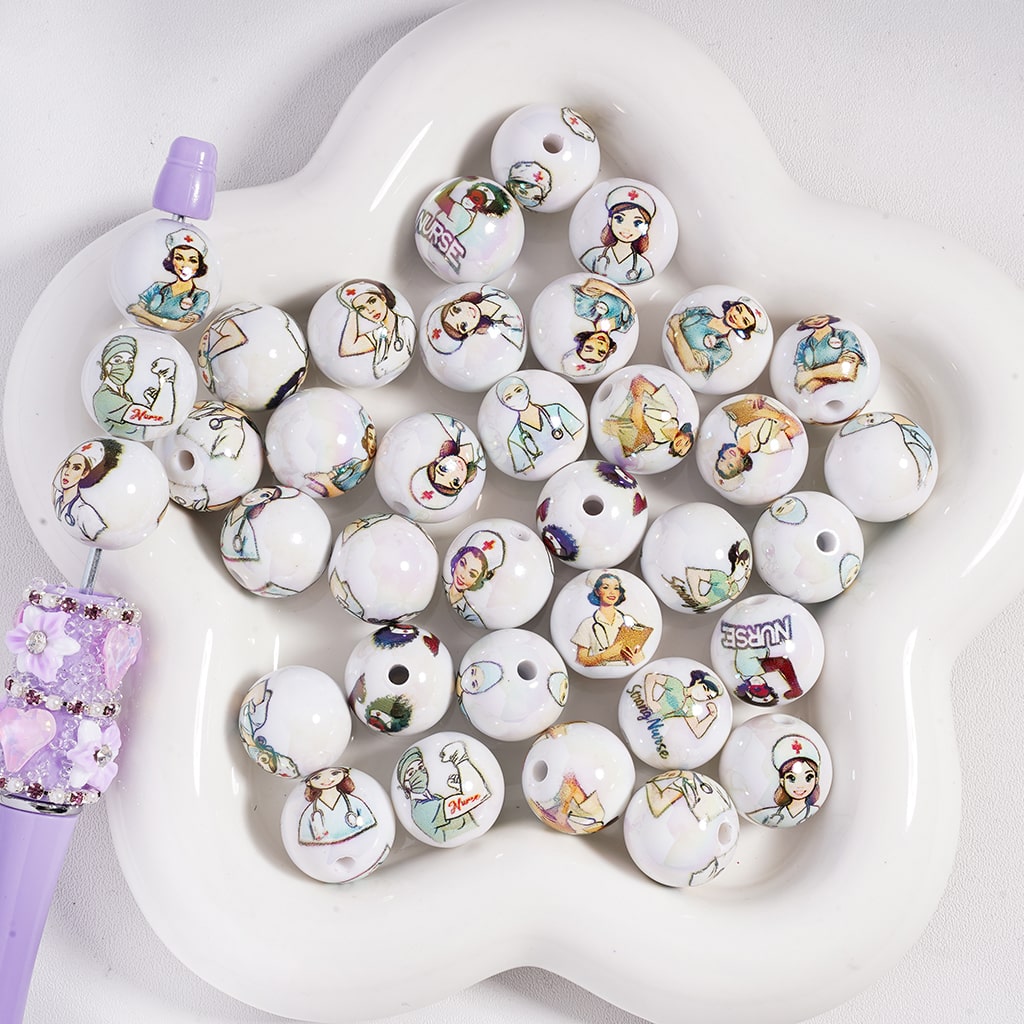 Acrylic Beads Doctor & Nurse Series with White Background, Random Mix, 16 MM