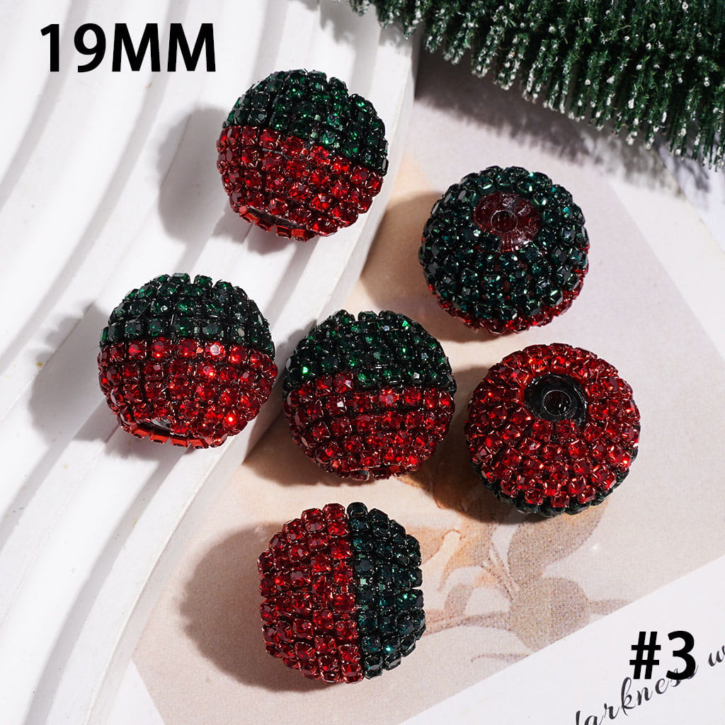 Red Green Silver Spiral Striped Metal Chains with Christmas Style Rhinestones Hand-Made Acrylic Beads, 19MM